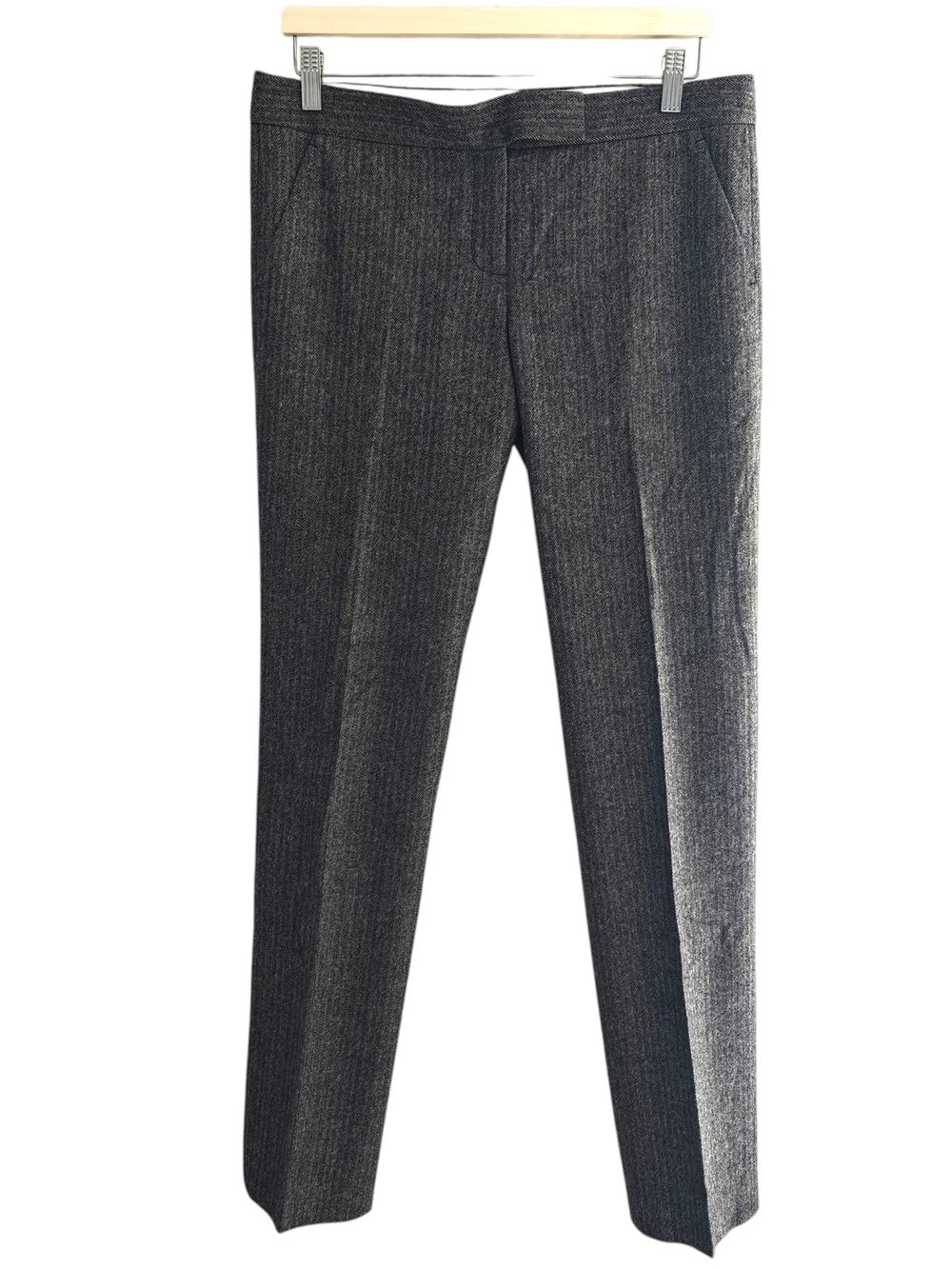 Saks Fifth Ave 99% Wool Pants 6 Grey Herringbone Tweed Stretch Dark Academia